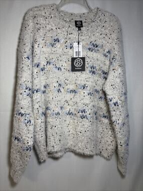 NWT Bobeau Women’s XL Eyelash Crewneck Sweater Beige Blue Shaggy Knit